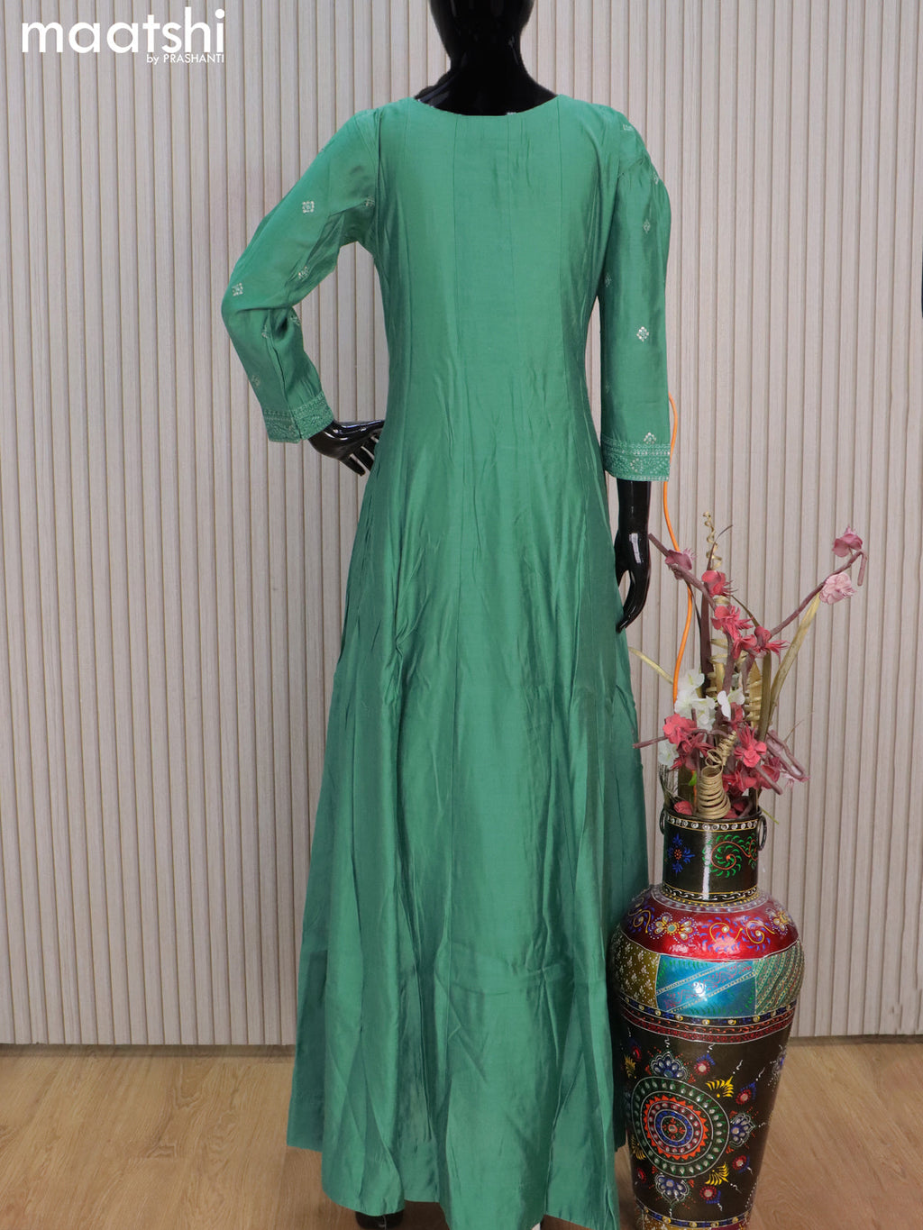 Chanderi readymade anarkali salwar suits pastel green with sequin work buttas & sequin beaded work neck pattern and straight cut pant & sequin work chiffon dupatta