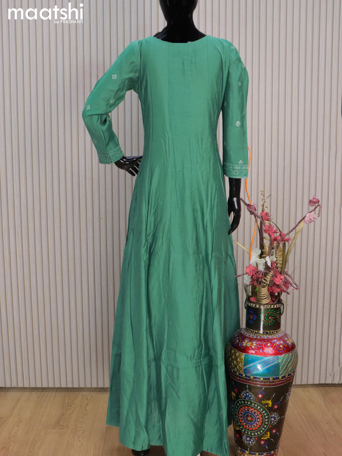 Chanderi readymade anarkali salwar suits pastel green with sequin work buttas & sequin beaded work neck pattern and straight cut pant & sequin work chiffon dupatta