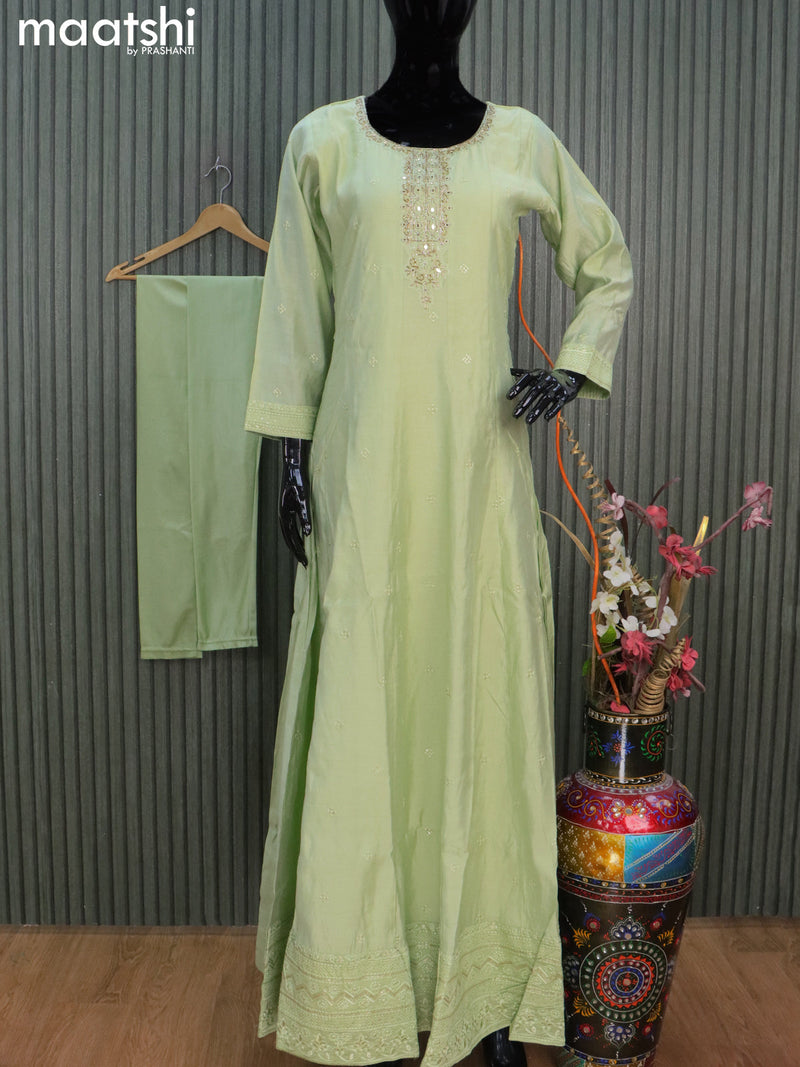 Chanderi readymade anarkali salwar suits pista green with sequin work buttas & zardosi mirror work neck pattern and straight cut pant & sequin work chiffon dupatta