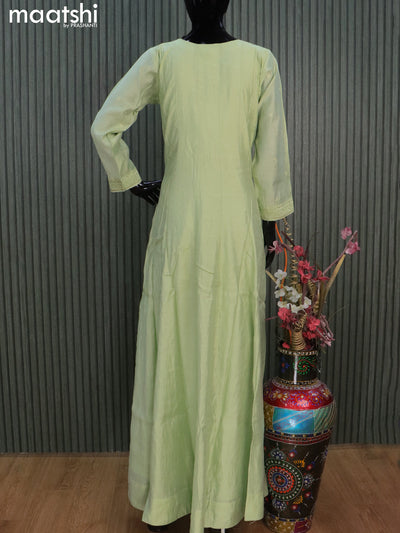 Chanderi readymade anarkali salwar suits pista green with sequin work buttas & zardosi mirror work neck pattern and straight cut pant & sequin work chiffon dupatta