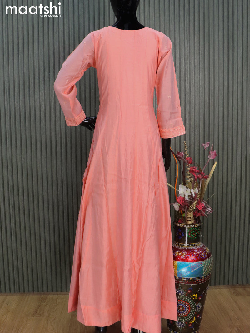 Chanderi readymade anarkali salwar suits peach orange with sequin work buttas & zardosi mirror work neck pattern and straight cut pant & sequin work chiffon dupatta