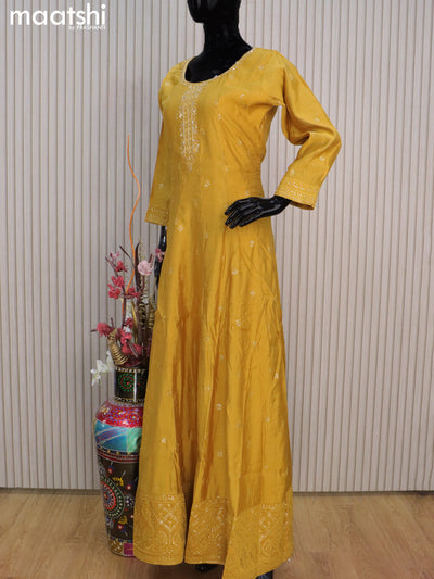 Chanderi readymade anarkali salwar suits mustard yellow with sequin work buttas & zardosi mirror work neck pattern and straight cut pant & sequin work chiffon dupatta