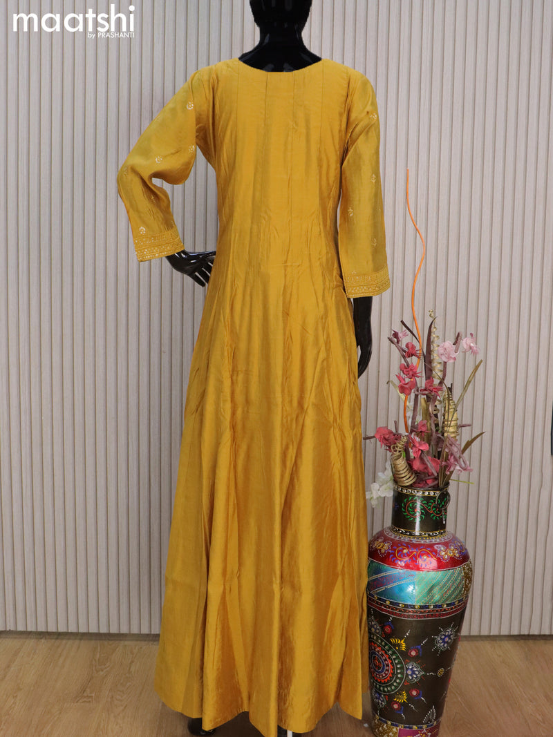Chanderi readymade anarkali salwar suits mustard yellow with sequin work buttas & zardosi mirror work neck pattern and straight cut pant & sequin work chiffon dupatta
