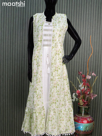 Cotton readymade coat type dress off white and mild pista green with allover thread weaves & smoking neck pattern crocia lace work  without pant & sleeve attached