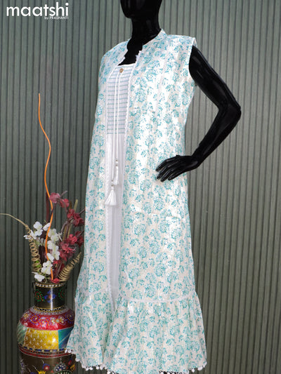 Cotton readymade coat type dress off white and beige blue with allover thread weaves & smoking neck pattern crocia lace work  without pant & sleeve attached