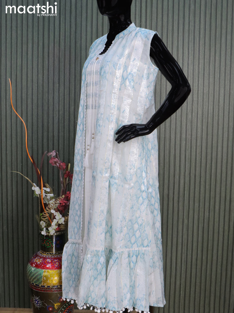Cotton readymade coat type dress off white and pastel blue with allover thread weaves & smoking neck pattern crocia lace work  without pant & sleeve attached
