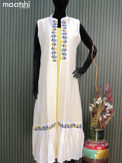 Cotton readymade coat type dress off white and yellow with allover thread weaves & smoking neck pattern embroidery work  without pant & sleeve attached