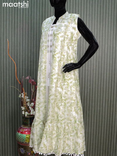 Cotton readymade coat type dress off white and green shade with allover thread weaves & smoking neck pattern leaf prints  without pant & sleeve attached