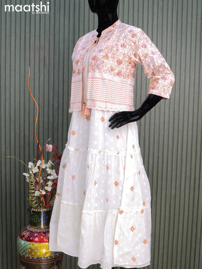 Cotton readymade coat type dress off white and mild peach with geometric butta prints & smoking neck pattern chikankari work  without pant