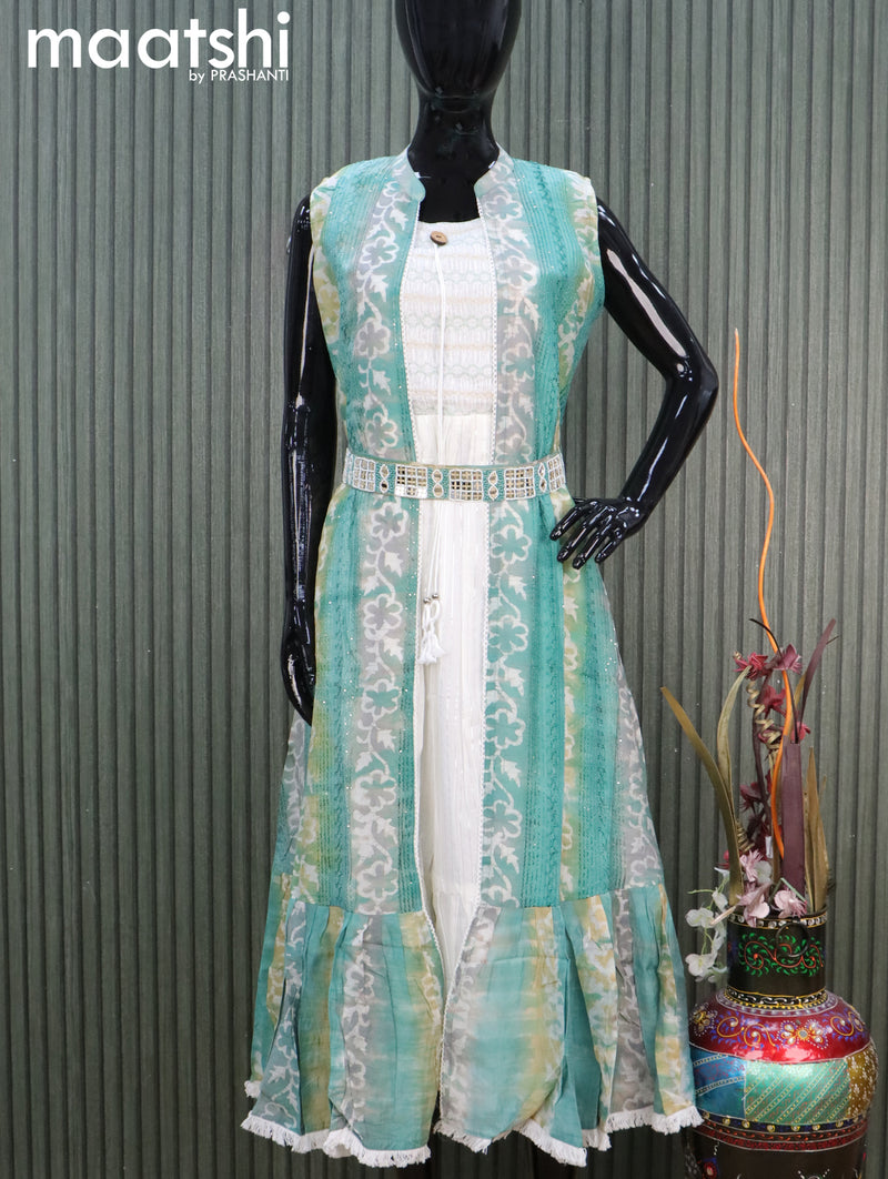 Cotton readymade coat type dress off white and teal green shade with allover zari stripes & smoking neck pattern work and hip belt without pant & sleeve attached