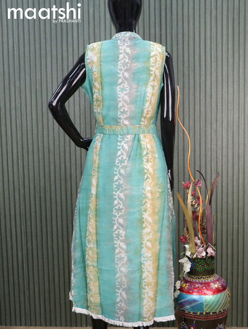 Cotton readymade coat type dress off white and teal green shade with allover zari stripes & smoking neck pattern work and hip belt without pant & sleeve attached