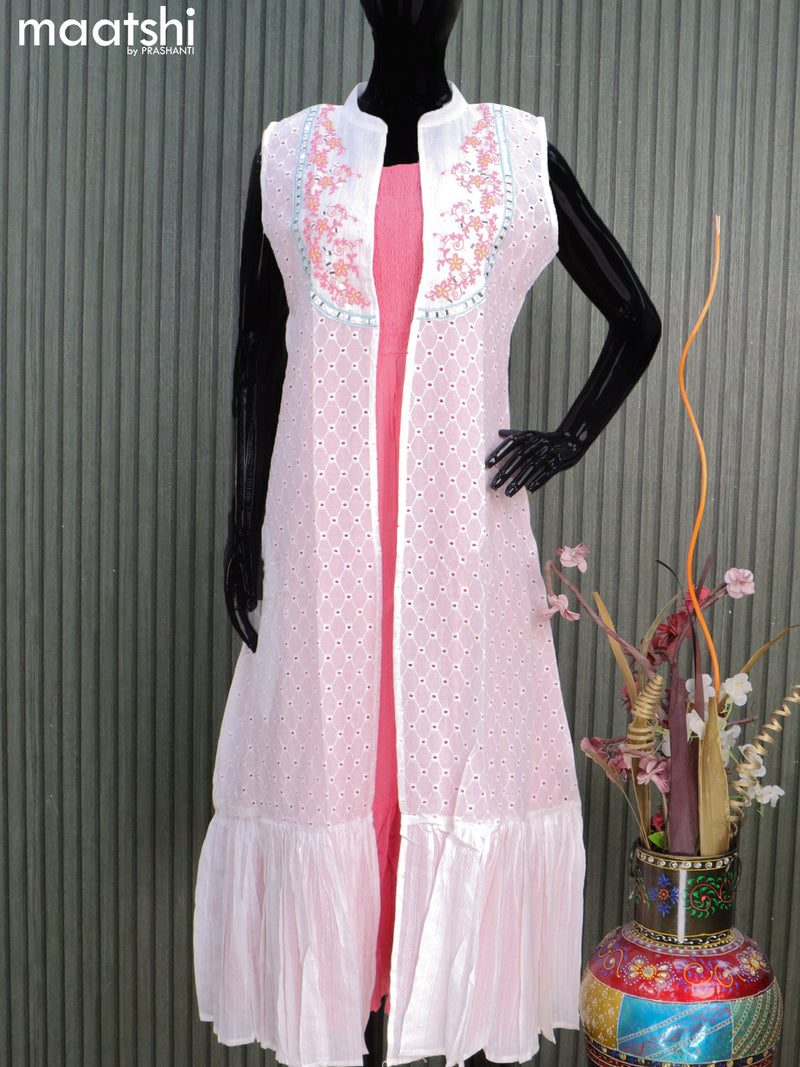 Cotton readymade coat type dress pink and off white with allover thread weaves & smoking neck pattern & coat type mirror work pattern sleeve attached without pant & sleeve attached