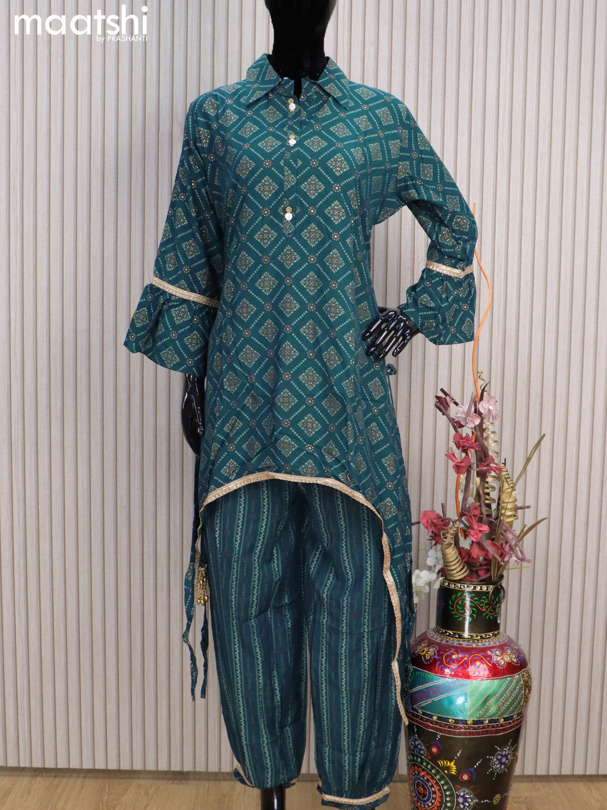 Rayon readymade co-ord set peacock blue with allover prints & colar design simple neck pattern and straight cut pant