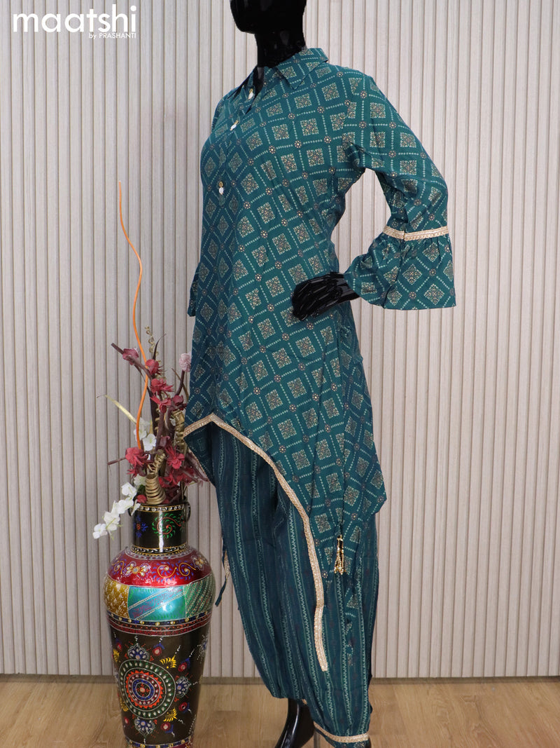Rayon readymade co-ord set peacock blue with allover prints & colar design simple neck pattern and straight cut pant