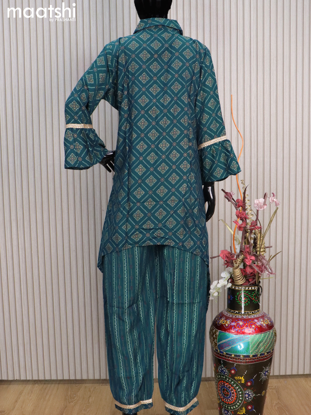 Rayon readymade co-ord set peacock blue with allover prints & colar design simple neck pattern and straight cut pant