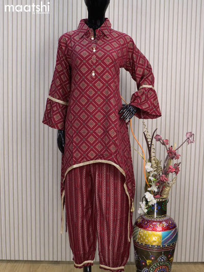 Rayon readymade co-ord set maroon with allover prints & colar design simple neck pattern and straight cut pant