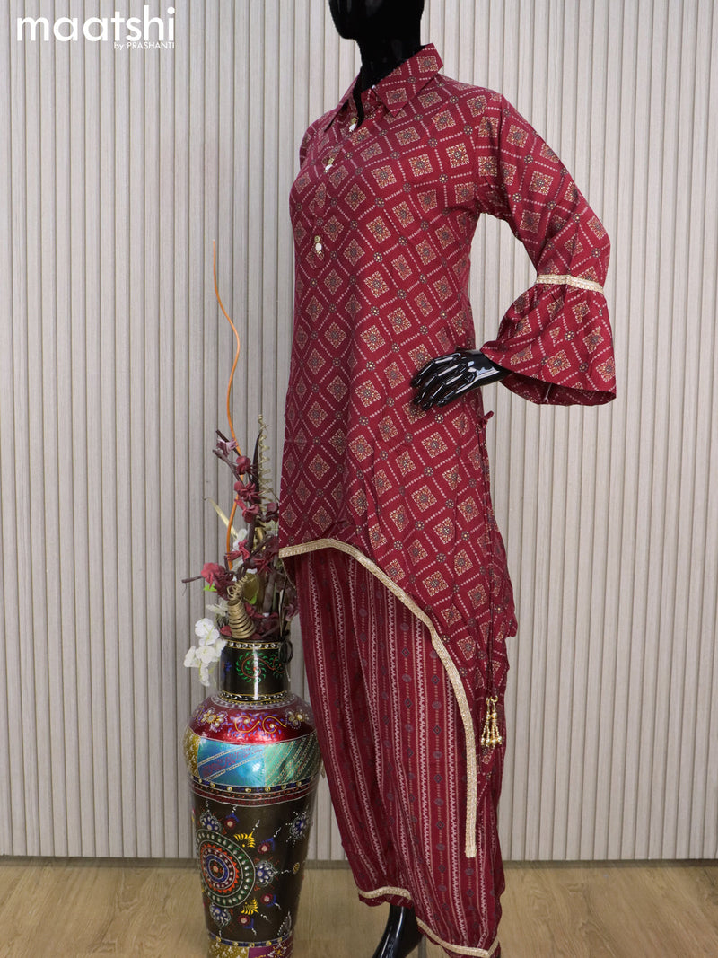 Rayon readymade co-ord set maroon with allover prints & colar design simple neck pattern and straight cut pant