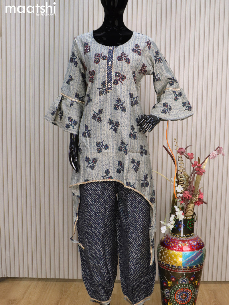 Muslin readymade co-ord set grey shade and navy blue with allover butta prints & gottapatti lace work neck pattern and straight cut pant