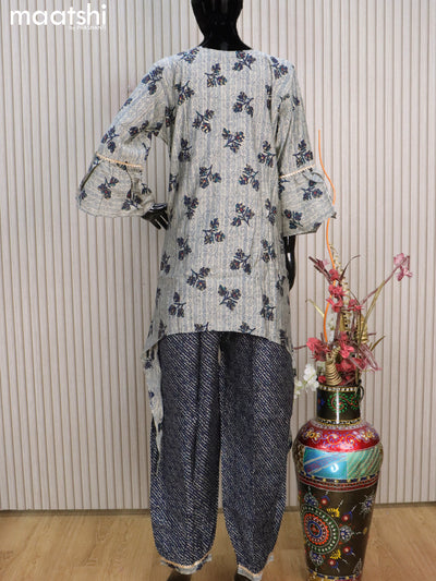 Muslin readymade co-ord set grey shade and navy blue with allover butta prints & gottapatti lace work neck pattern and straight cut pant