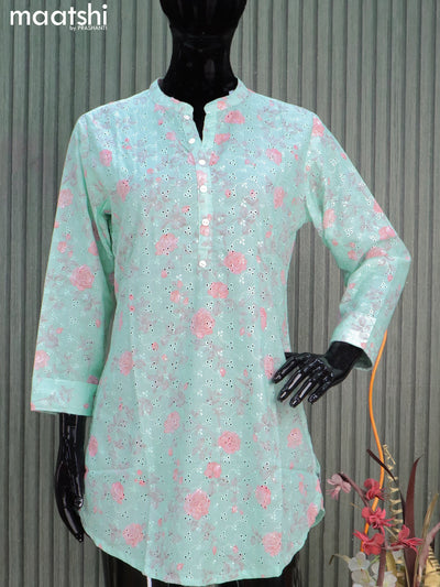 Cotton readymade short kurti pastel green shade with allover floral prints & hakoba work without pant