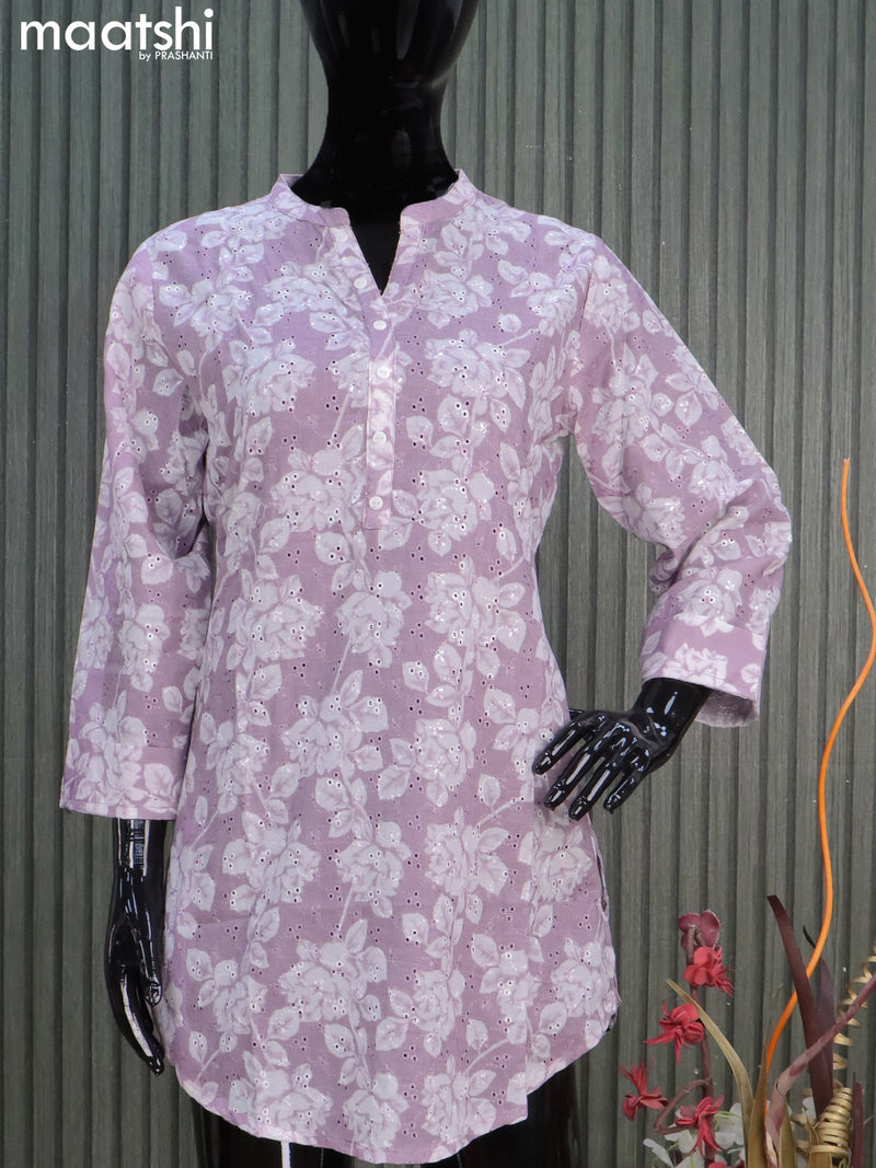Cotton readymade short kurti mild purple shade with allover prints & hakoba work without pant