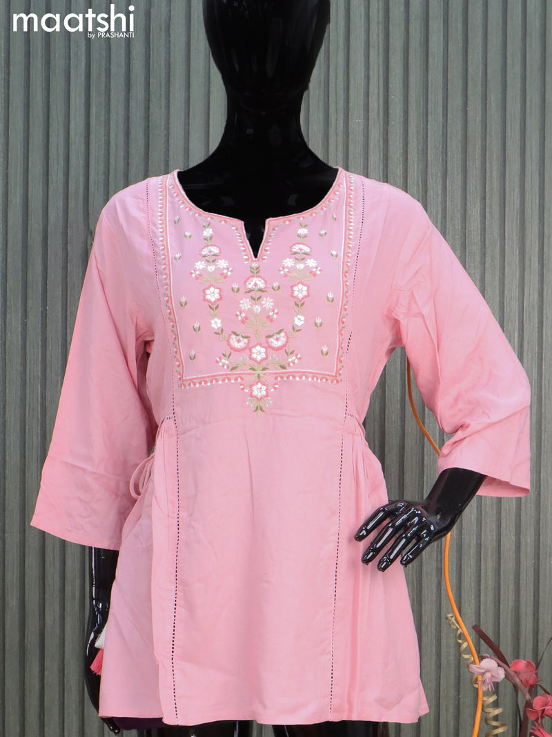 Rayon readymade short kurti pink shade with allover embroidery work neck pattern without pant
