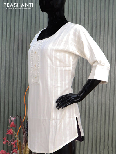 Cotton readymade short kurti off white with lace work neck pattern without pant
