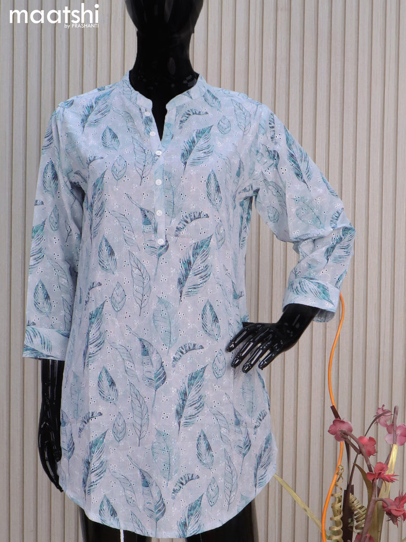 Cotton readymade short kurti pastel grey with allover leaf prints & hakoba work without pant