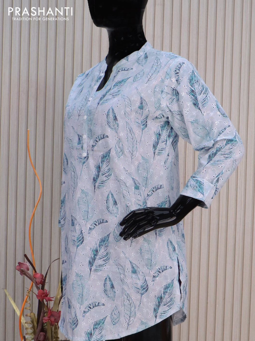 Cotton readymade short kurti pastel grey with allover leaf prints & hakoba work without pant