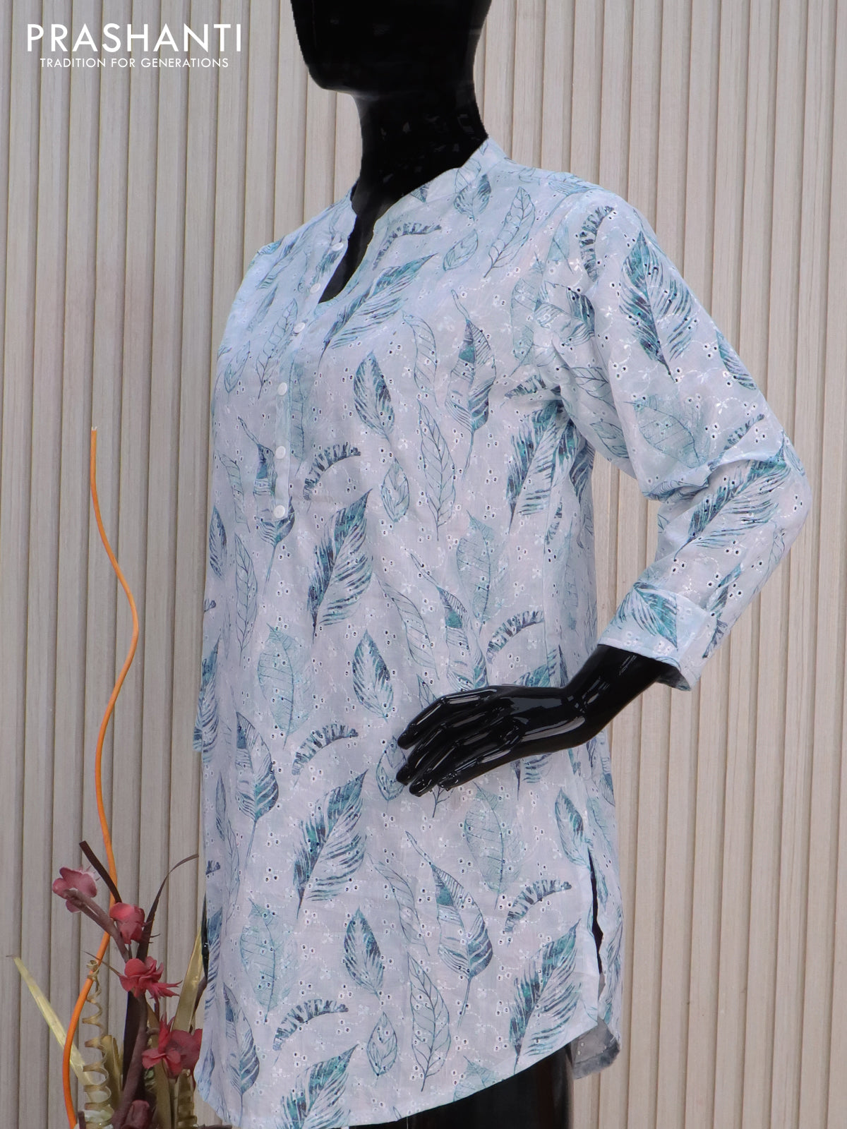 Cotton readymade short kurti pastel grey with allover leaf prints & hakoba work without pant
