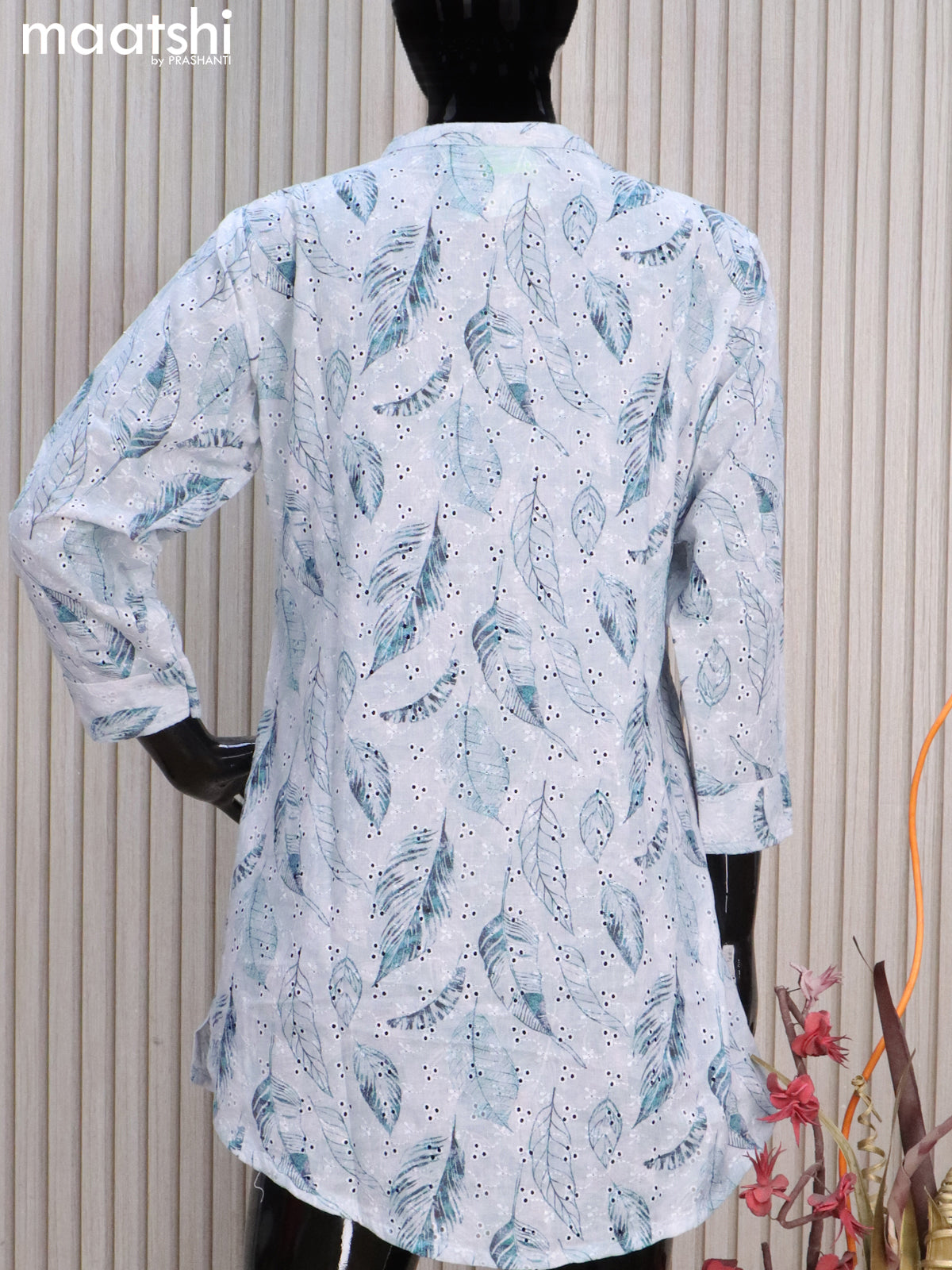 Cotton readymade short kurti pastel grey with allover leaf prints & hakoba work without pant