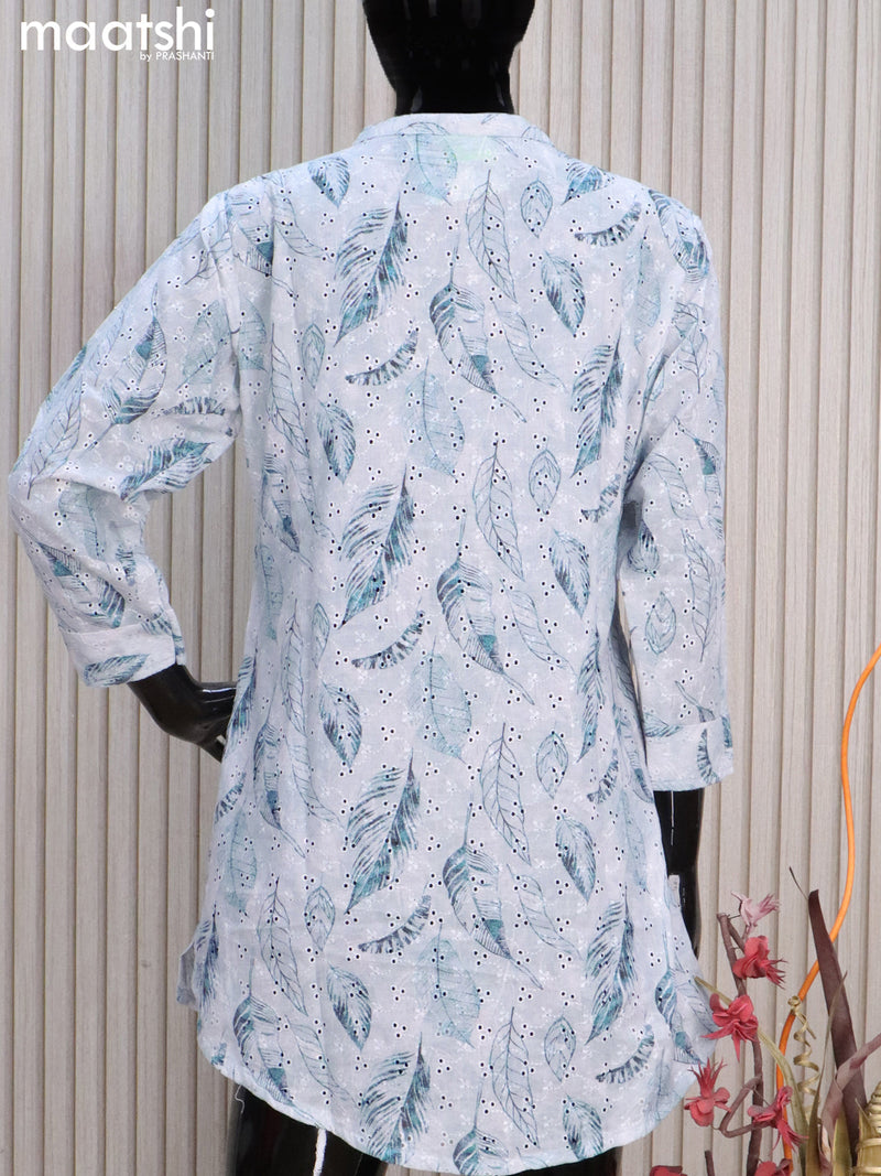 Cotton readymade short kurti pastel grey with allover leaf prints & hakoba work without pant
