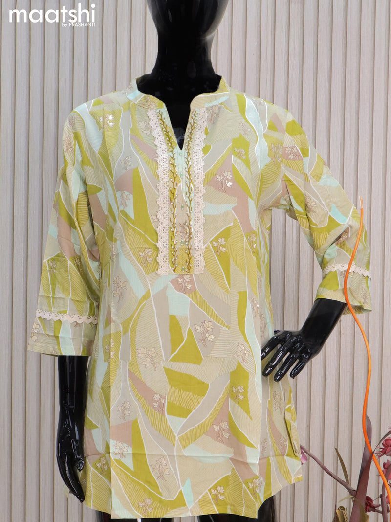 Rayon readymade short kurti lime green shade with allover prints & embroidery work neck pattern without pant