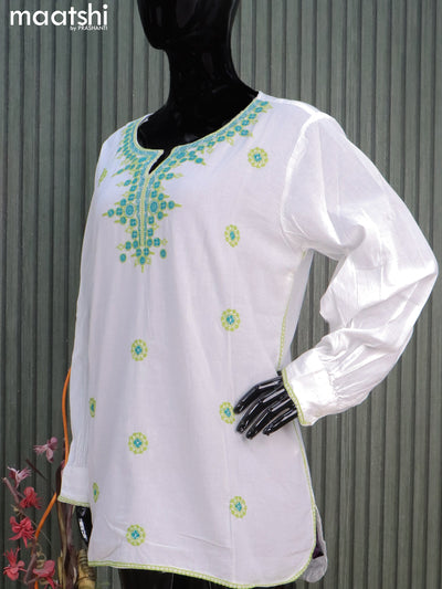 Cotton readymade short kurti off white with embroidery work neck pattern without pant