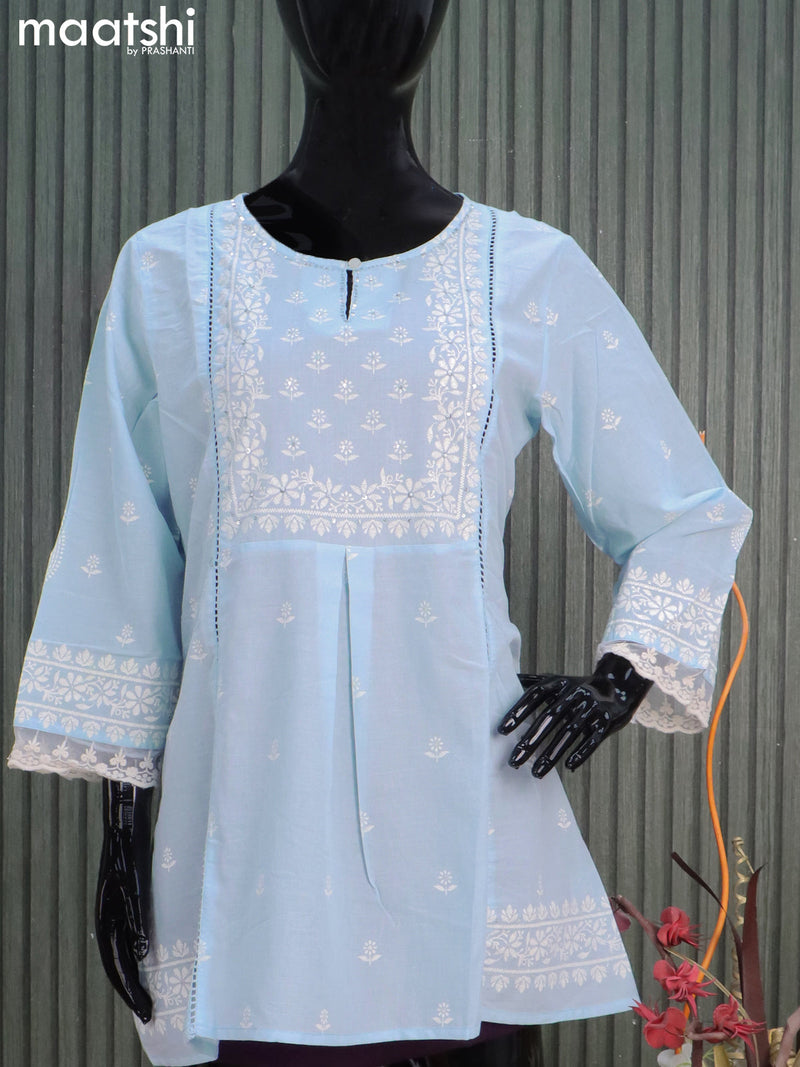 Cotton readymade short kurti teal blue shade with butta prints & sequin work neck pattern without pant