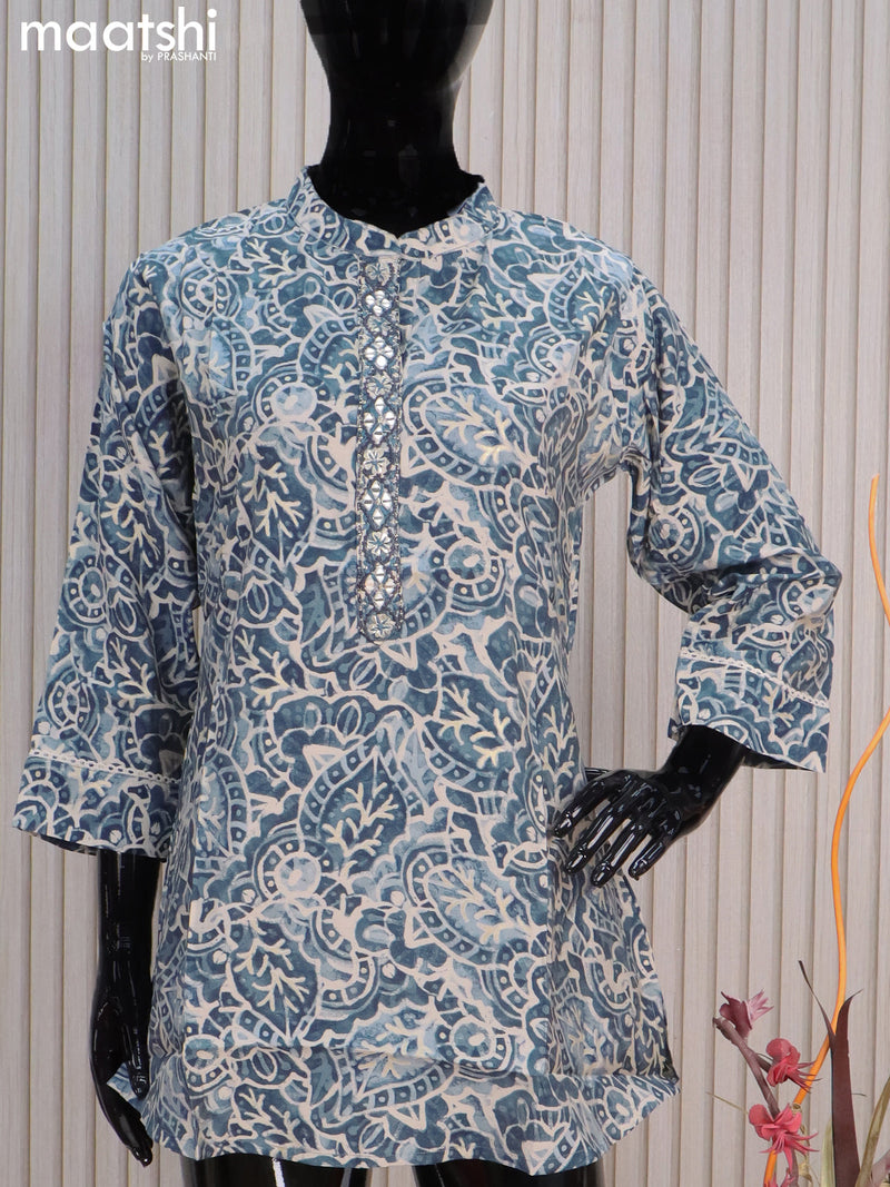 Modal readymade short kurti bluish grey with allover prints without pant