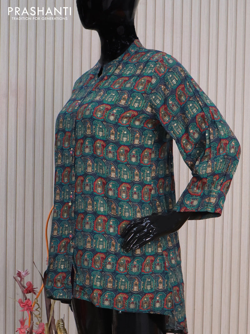 Modal readymade short kurti navy blue and teal blue with allover prints without pant