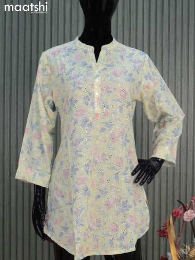 Cotton readymade short kurti pale yellow with allover floral prints & hakoba work without pant