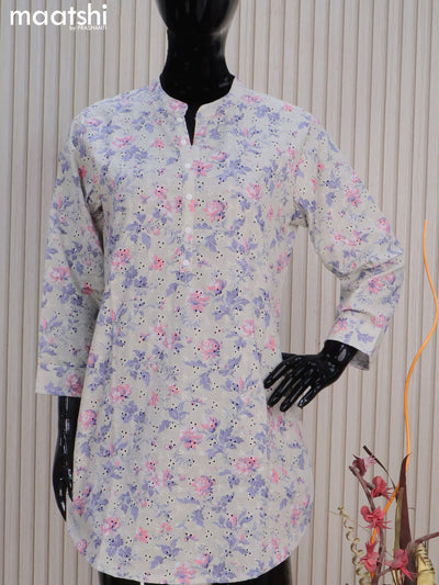Cotton readymade short kurti grey shade with allover floral prints & hakoba work without pant