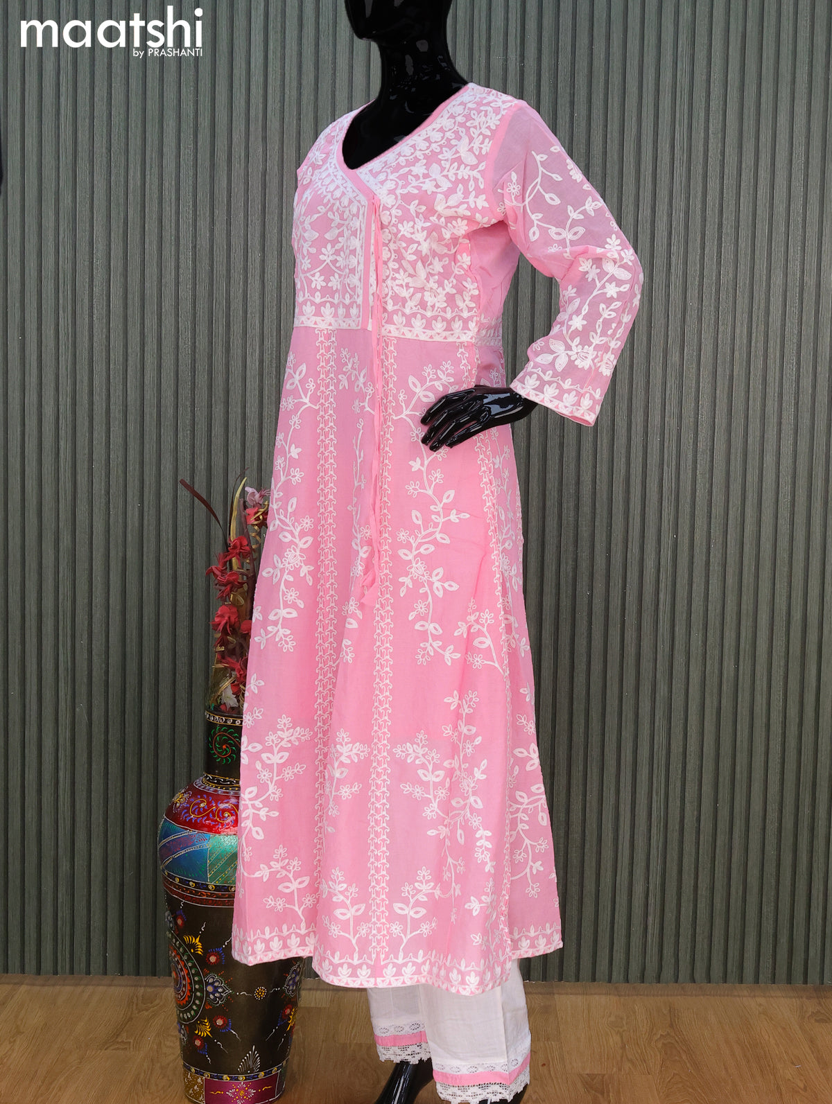 Cotton readymade anarkali salwar suits light pink and off white with allover embroidery work and straight cut pant & chiffon printed dupatta