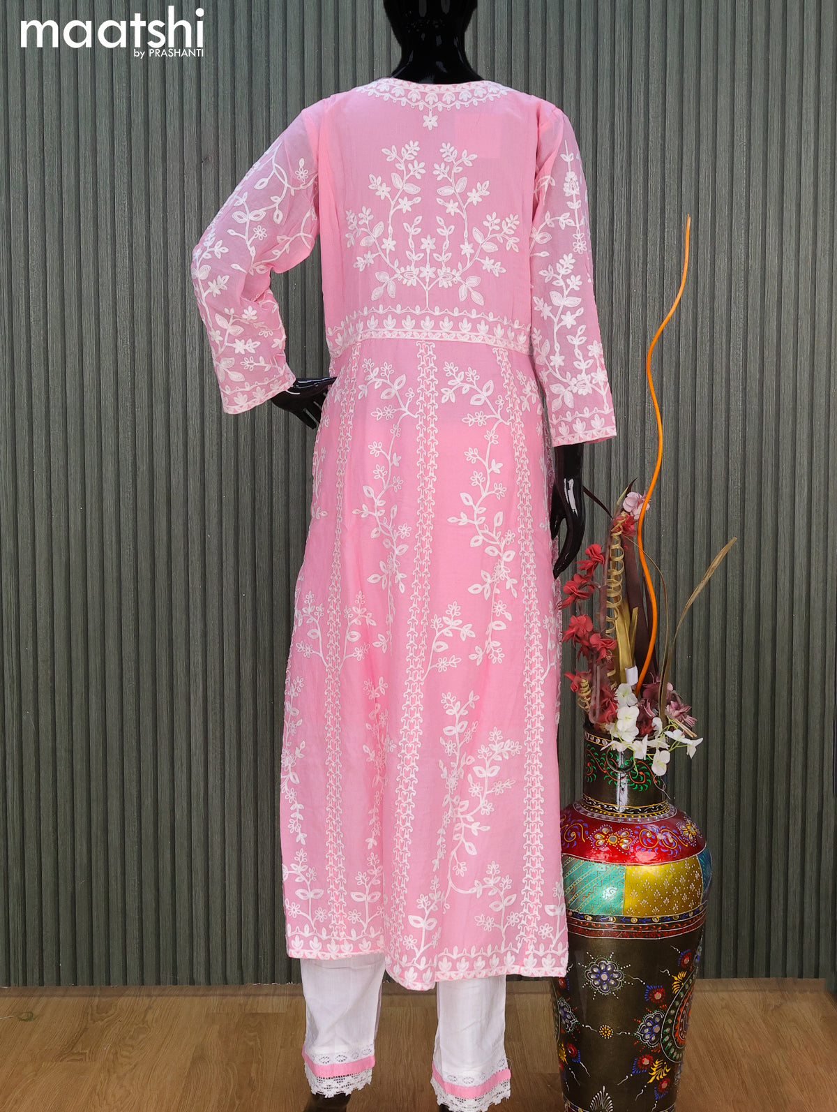Cotton readymade anarkali salwar suits light pink and off white with allover embroidery work and straight cut pant & chiffon printed dupatta