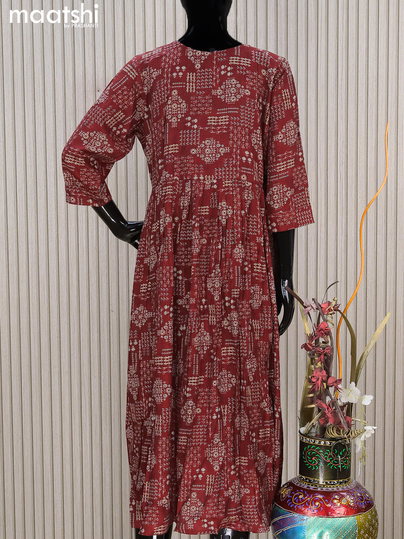Rayon readymade umbrella kurti maroon with allover prints & embroidery sequin work neck pattern without pant
