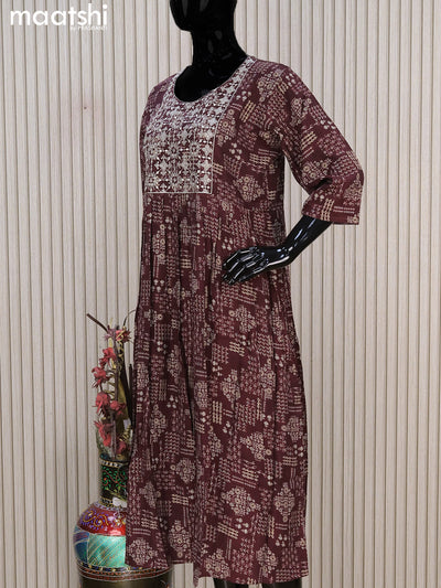 Rayon readymade umbrella kurti deep maroon with allover prints & embroidery sequin work neck pattern without pant