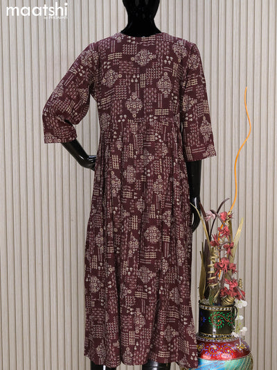 Rayon readymade umbrella kurti deep maroon with allover prints & embroidery sequin work neck pattern without pant