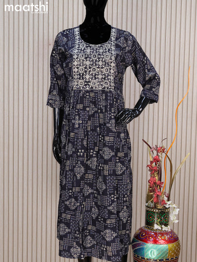 Rayon readymade umbrella kurti navy blue with allover prints & embroidery sequin work neck pattern without pant