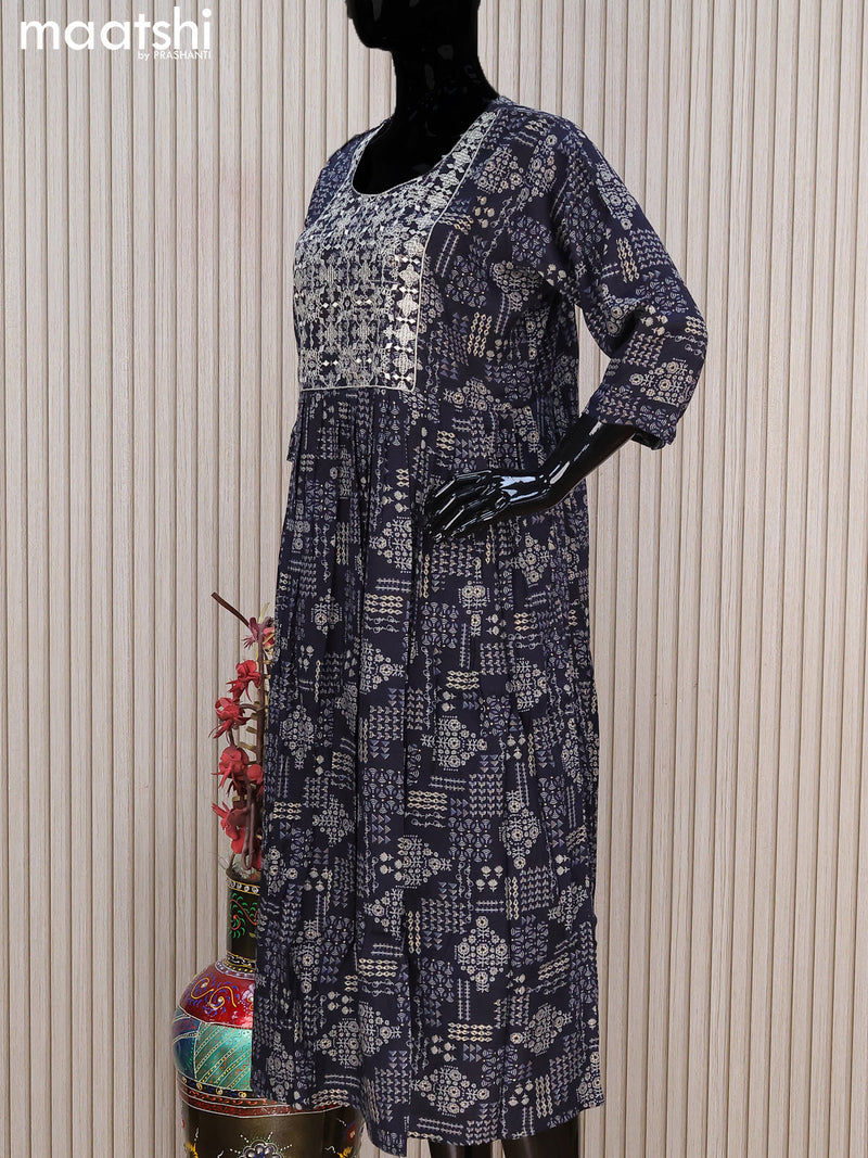Rayon readymade umbrella kurti navy blue with allover prints & embroidery sequin work neck pattern without pant
