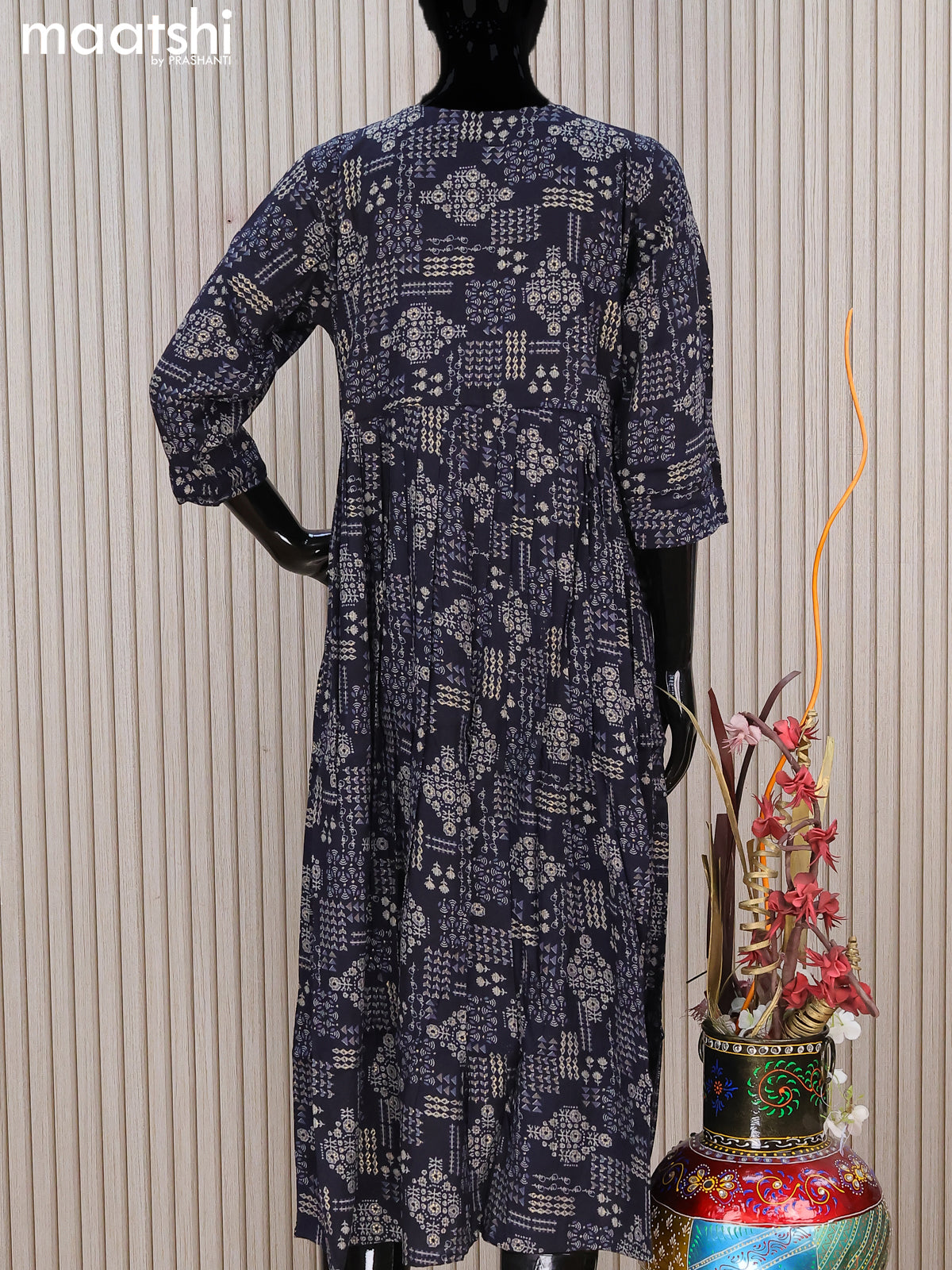 Rayon readymade umbrella kurti navy blue with allover prints & embroidery sequin work neck pattern without pant
