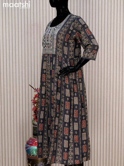 Rayon readymade umbrella kurti elephant grey with allover prints & embroidery sequin work neck pattern without pant
