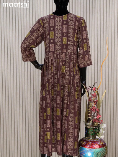 Rayon readymade umbrella kurti maroon with allover prints & embroidery sequin work neck pattern without pant