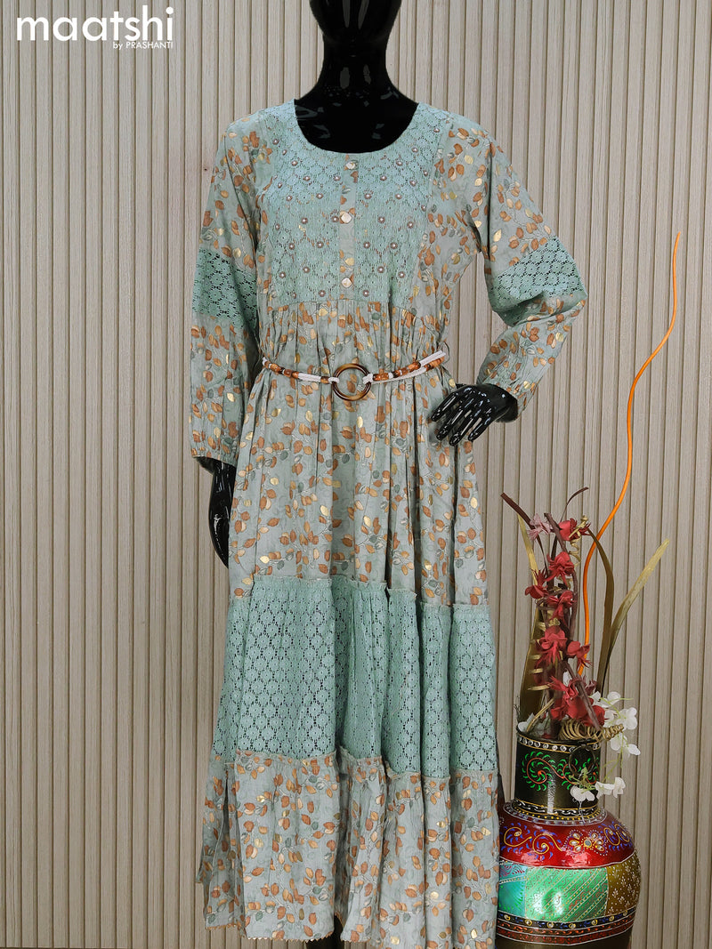 Rayon readymade umbrella kurti greyish blue with allover prints & beaded lace work neck pattern without pant
